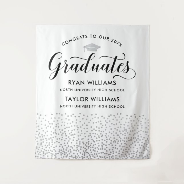 Congrats Two Graduates Silver Confetti Backdrop (Front)