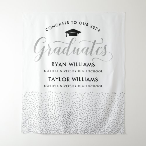 Congrats Two Graduates Silver Confetti Party Tapestry