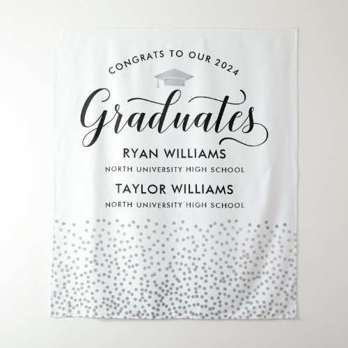 Congrats Two Graduates Silver Confetti Party Tapestry