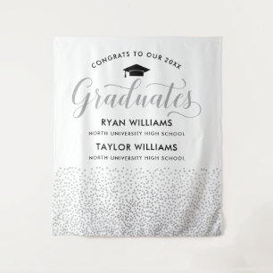 Congrats Two Graduates White Silver Backdrop
