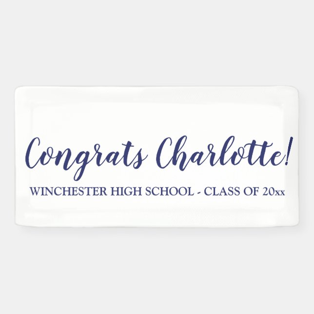Congrats white navy custom script name graduation banner (Horizontal)