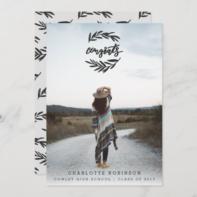 CONGRATS WREATH PORTRAIT-BLACK AND WHITE INVITATION (Front/Back)