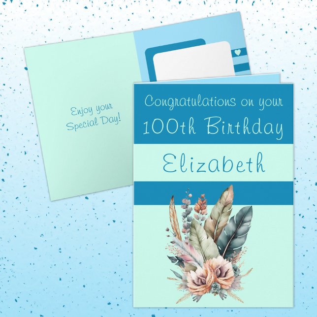 Congratulations 100th birthday floral blue green card (Creator Uploaded)