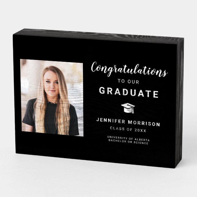 Congratulations 1 Photo Black White Graduation Wooden Box Sign (Angled Horizontal)