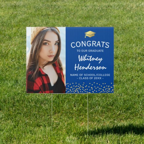 Congratulations 2022 Photo Graduation Sign - Custom graduation yard sign featuring a blue background that can be changed to any color, a photo of the student, a graduate cap, gold glitter, and a congratulations template that is easy to personalize.