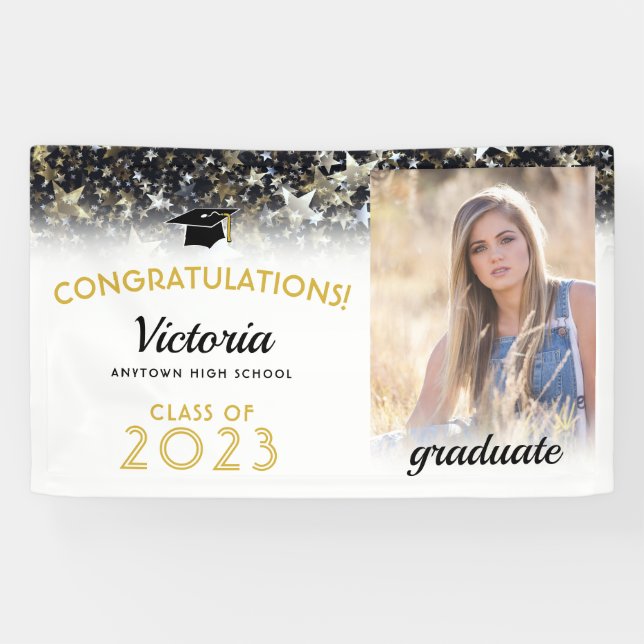 Congratulations 2023 Graduate Gold and White Photo Banner (Horizontal)