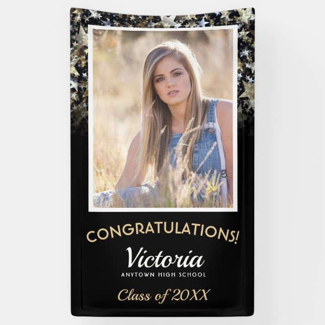 Congratulations 2025 Graduate Black and Gold Photo Banner (Vertical)