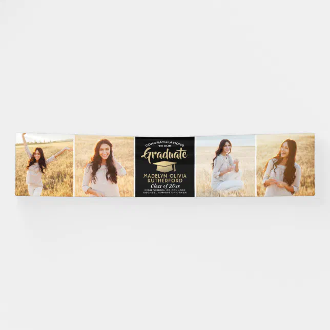 Congratulations 4 Photo Black and Gold Graduation Banner | Zazzle