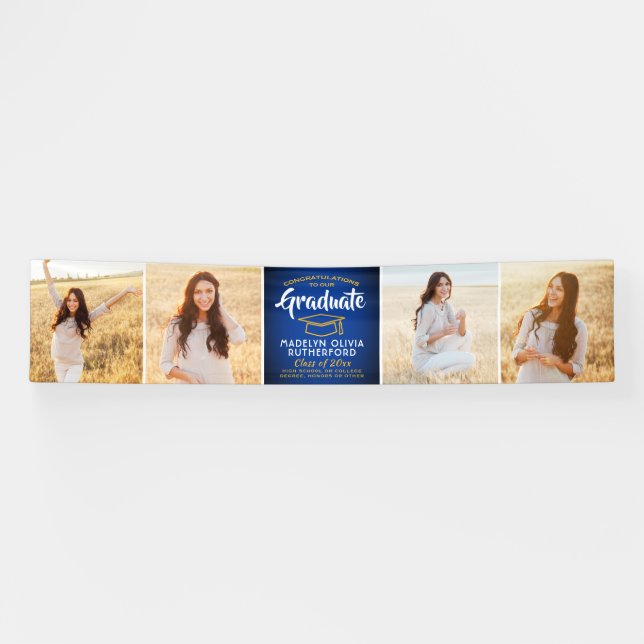 Congratulations 4 Photo Royal Blue Gold Graduation Banner (Horizontal)