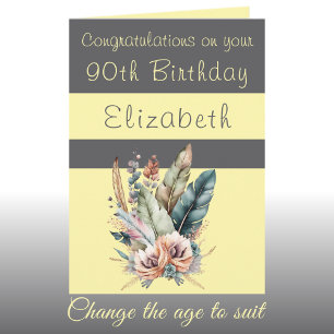Congratulations 90th birthday floral grey yellow card
