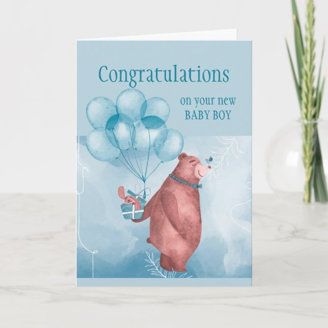 Congratulations Baby BOY FunTeddy Bear Balloons  Card (Front)