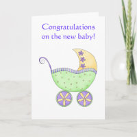 Congratulations Baby Buggy Carriage Green Yellow Card