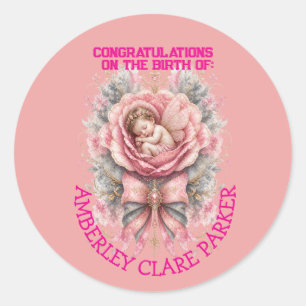 Congratulations Baby Fairy girl Pink Rose Birth Classic Round Sticker
