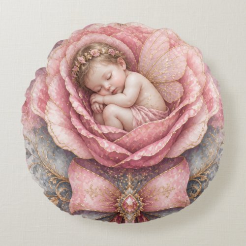 Congratulations Baby Fairy girl Pink Rose Birth  Round Pillow