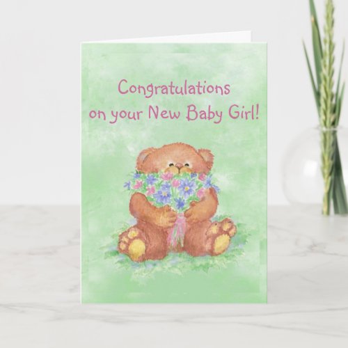 Congratulations Baby Girl  FunTeddy Bear Flowers Card