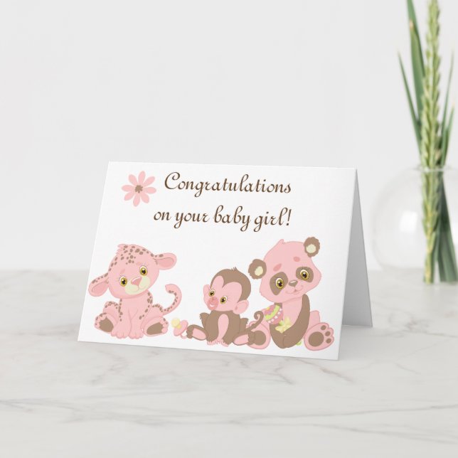 Congratulations Baby Girl New Animals Note Pink Card (Front)