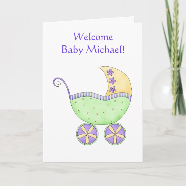 Congratulations Baby Name Personalized Green Buggy Card (Front)