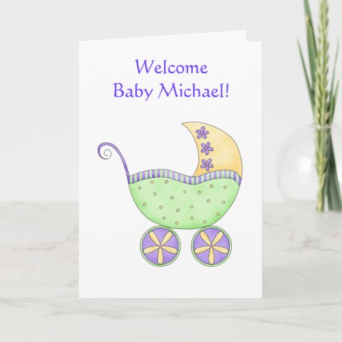 Congratulations Baby Name Personalized Green Buggy Card