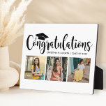 Congratulations Black 3 Photo 2025 Graduation Plaque<br><div class="desc">Stylish 3 photo graduation plaque display sign with easel features "Congratulations" in trendy black calligraphy script with grad cap and modern custom text for the graduate's name and class year. Add three favorite photos of the graduate to the square placeholder images. Clean white background color.</div>