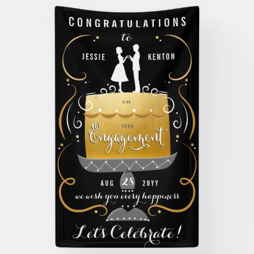 Congratulations Black and Gold Engagement Party Banner