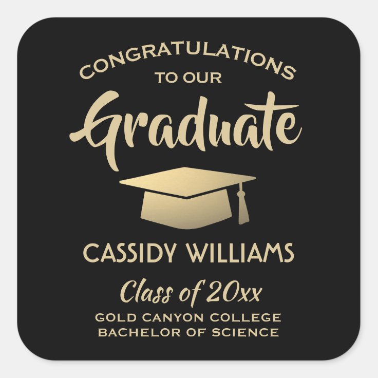 Congratulations Black And Gold Modern Graduation Square Sticker | Zazzle