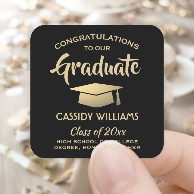 Congratulations Black and Gold Modern Graduation Square Sticker (Creator Uploaded)