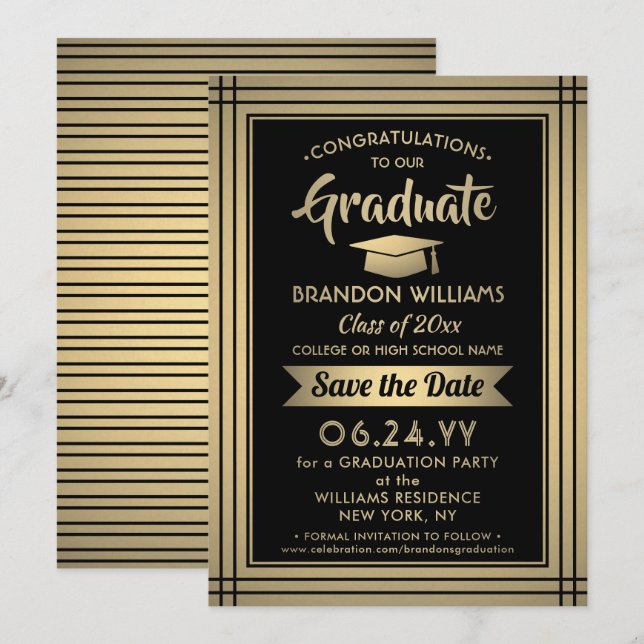 Congratulations Black and Gold Stripes Graduation Save The Date (Front/Back)