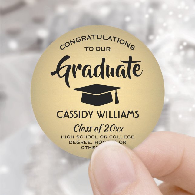 Congratulations Black & Gold Faux Foil Graduation Classic Round Sticker (Creator Uploaded)