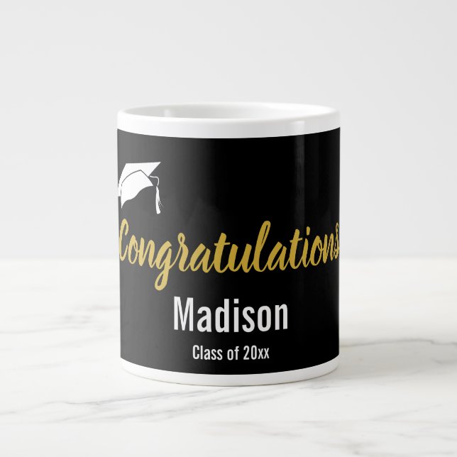 Congratulations Black White and Gold Graduate Name Giant Coffee Mug (Front)