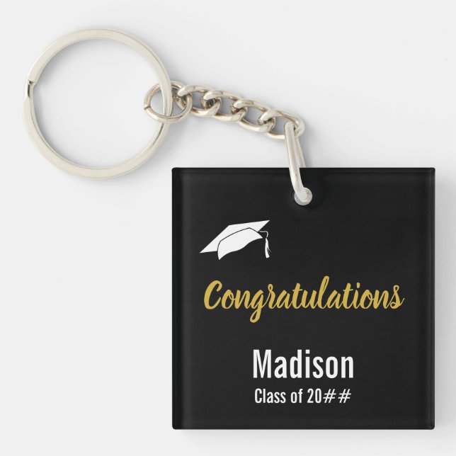 Congratulations Black White and Gold Graduation Keychain (Front)
