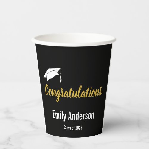 Congratulations Black White and Gold Graduation Paper Cups