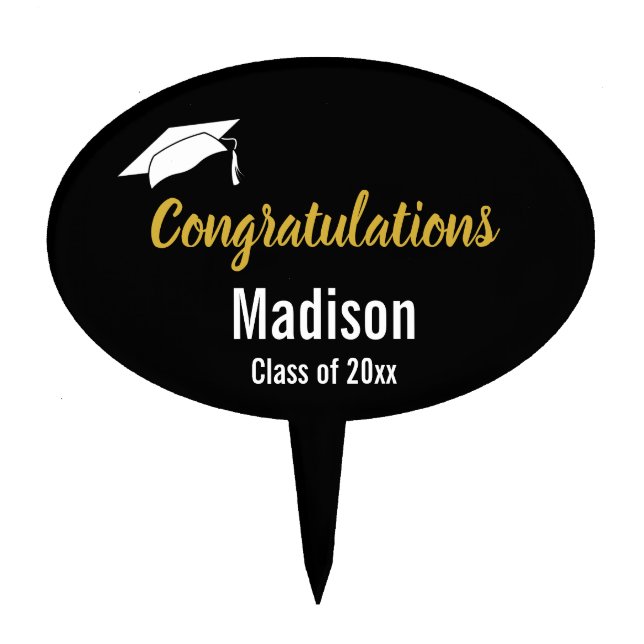 Congratulations Black White & Faux Gold Graduation Cake Topper (Front)