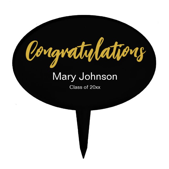Congratulations Black White Gold Grad's Name Year Cake Topper (Front)