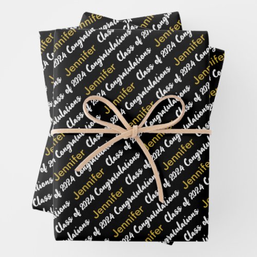 Congratulations Black White Gold Name Class 2024 Wrapping Paper Sheets