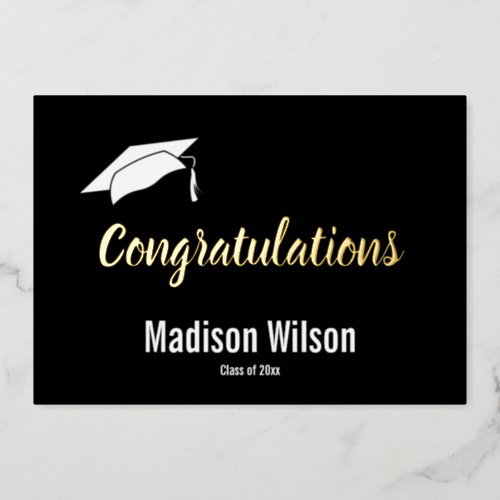 Congratulations Black White Gold Script Graduation Foil Holiday Card