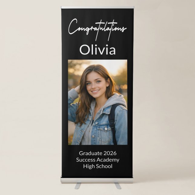Congratulations Black White Photo Graduation Retractable Banner (Front)
