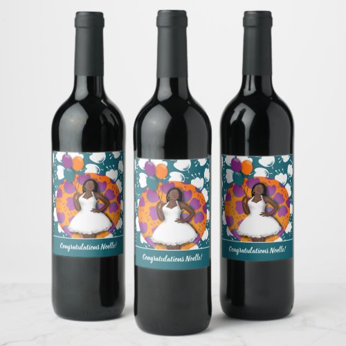 Congratulations Black Woman Balloons  Flowers Wine Label