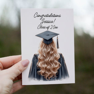 Congratulations Blonde Female Graduate in Black Letterpress Thank You Card