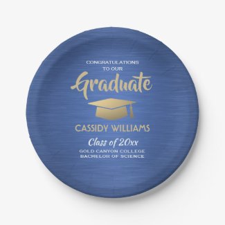 Congratulations Blue Gold White Script Graduation Paper Plate