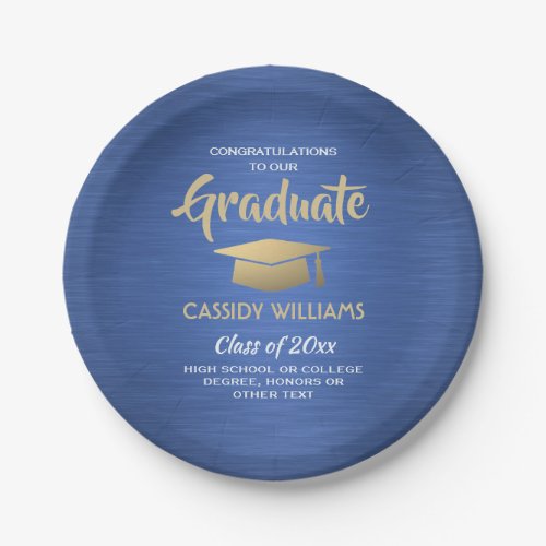 Congratulations Blue Gold White Script Graduation Paper Plates