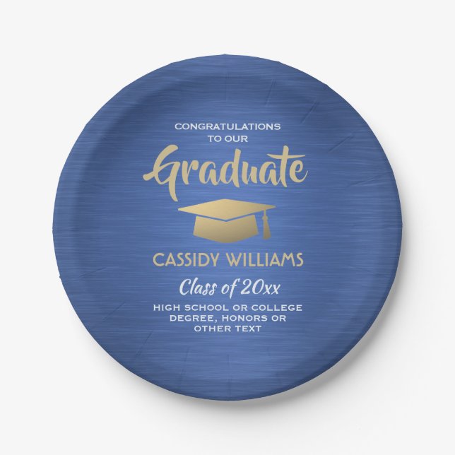 Congratulations Blue Gold White Script Graduation Paper Plates (Front)