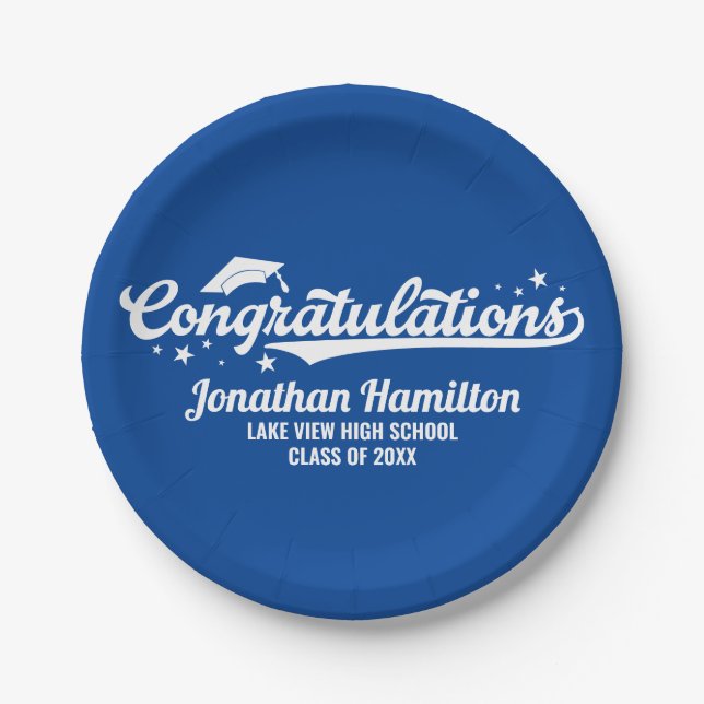 Congratulations Blue Graduation Party Paper Plates (Front)
