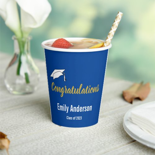 Congratulations Blue  White Grad Name Graduation Paper Cups