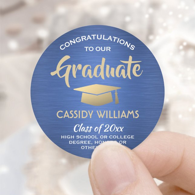 Congratulations Brushed Blue and Gold Graduation Classic Round Sticker (Creator Uploaded)