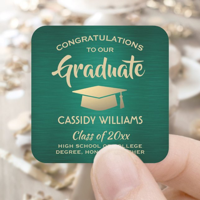 Congratulations Brushed Green and Gold Graduation Square Sticker (Creator Uploaded)