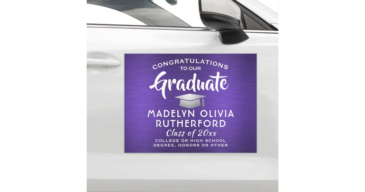 Congratulations Brushed Purple & White Graduation Car Magnet | Zazzle