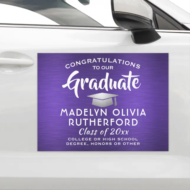 Congratulations Brushed Purple & White Graduation Car Magnet | Zazzle
