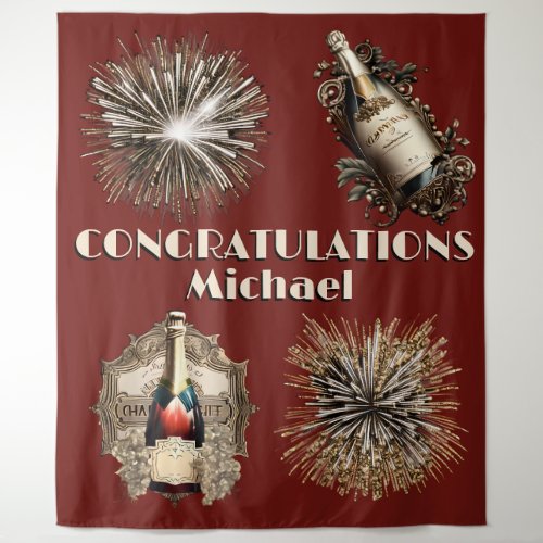 Congratulations celebration burgundy fireworks tapestry