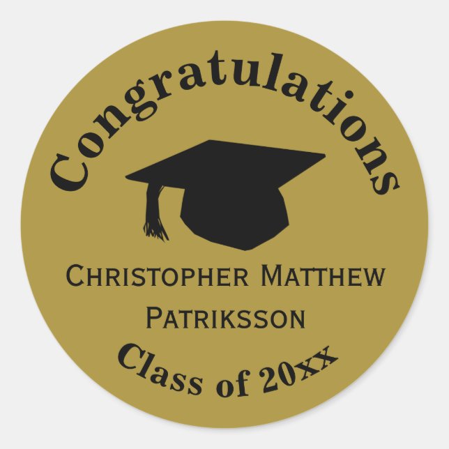 Congratulations, Class 20xx Graduation, Matte Gold Classic Round Sticker (Front)
