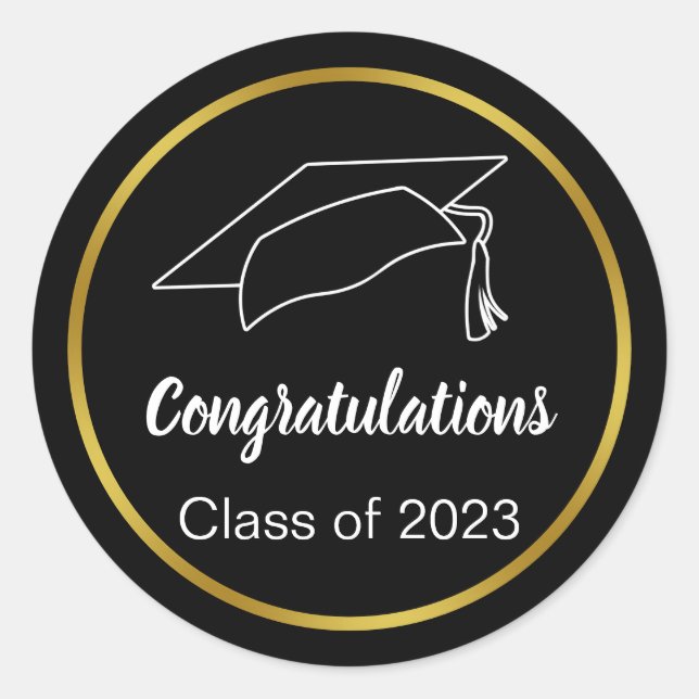 Congratulations Class of 2023 Black White Gold Classic Round Sticker (Front)